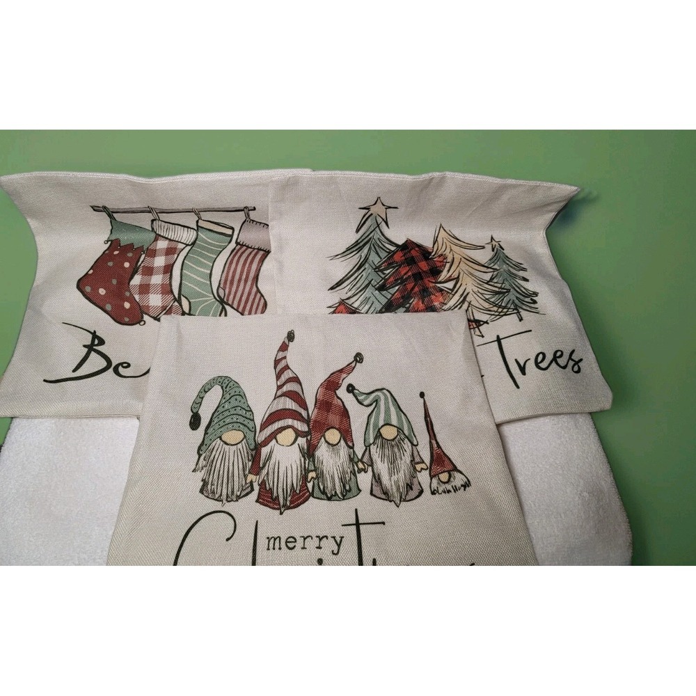 Christmas Pillow Cover Canvas Trees Stocking Gnomes 17x17‎ Set Of 3